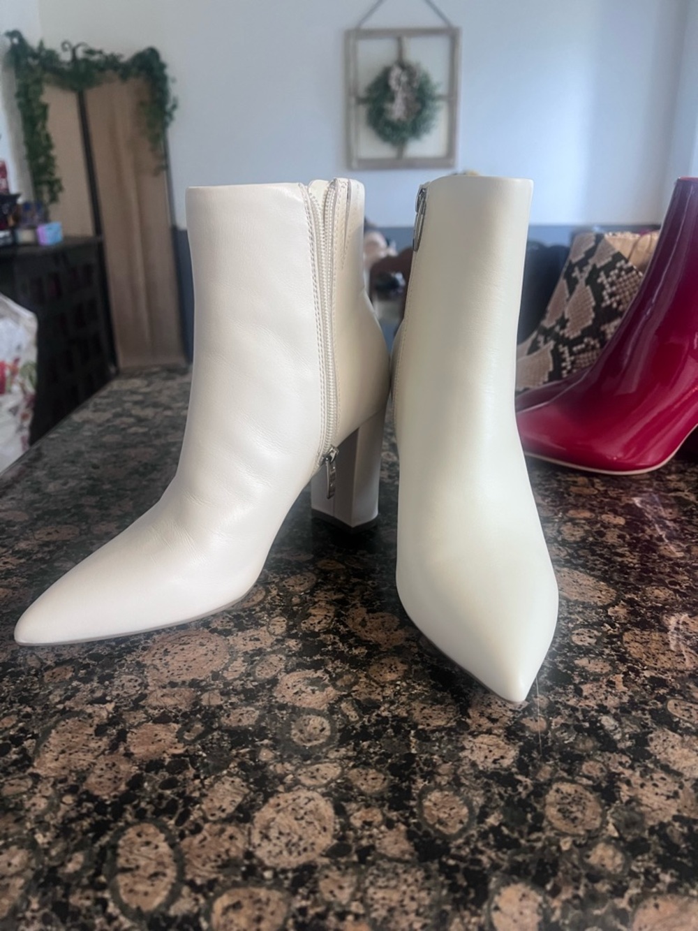 Marc Fisher White Pointed Toe Ankle Boots with Block Heel